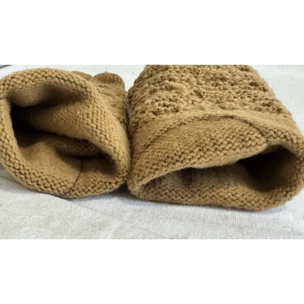 Aris VTG Tan Brown Cable Knit Genuine Leather Palms Gloves Womens One Size